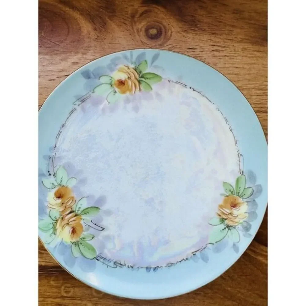 VTG Plate With Yellow Flowers Design Handpainted W/iridescent Center Gold Trim